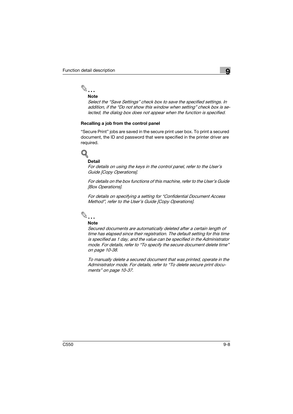 Recalling a job from the control panel, Recalling a job from the control panel -8 | Konica Minolta bizhub C550 User Manual | Page 307 / 427
