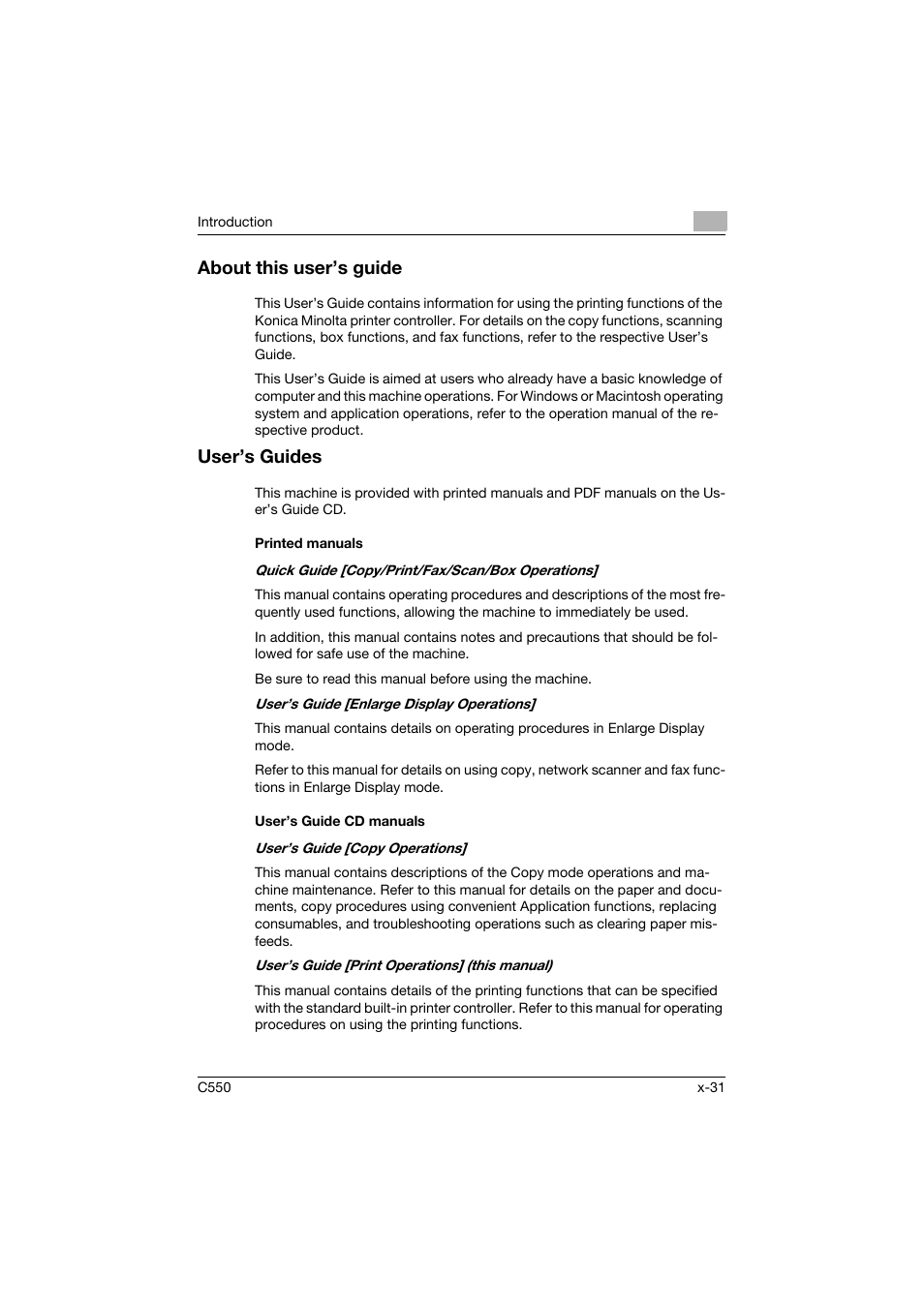 About this user’s guide, User’s guides, Printed manuals | User’s guide cd manuals | Konica Minolta bizhub C550 User Manual | Page 32 / 427