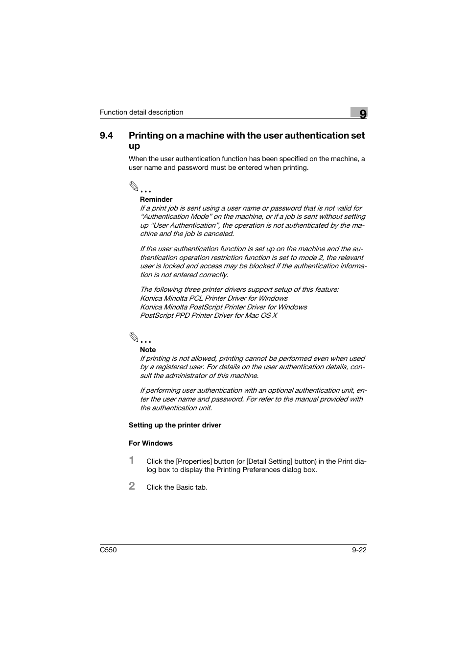 Setting up the printer driver, For windows, Setting up the printer driver -22 for windows -22 | Konica Minolta bizhub C550 User Manual | Page 321 / 427