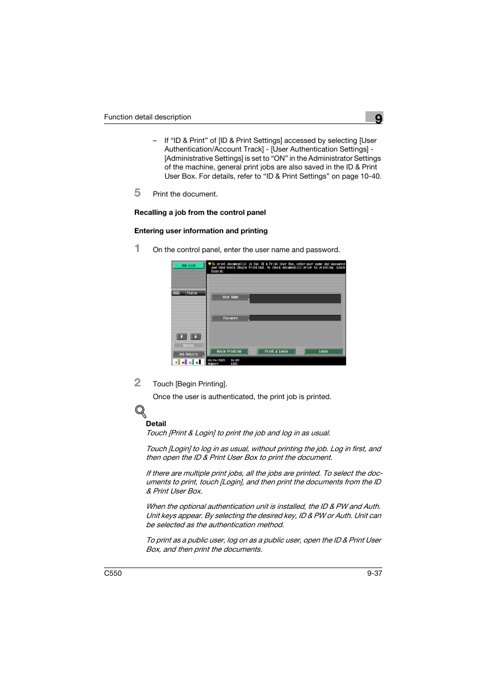 Recalling a job from the control panel, Entering user information and printing | Konica Minolta bizhub C550 User Manual | Page 336 / 427