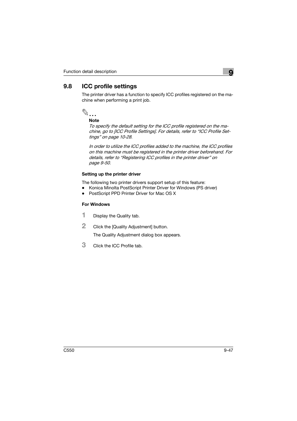 8 icc profile settings, Setting up the printer driver, For windows | Icc profile settings -47, Setting up the printer driver -47 for windows -47 | Konica Minolta bizhub C550 User Manual | Page 346 / 427