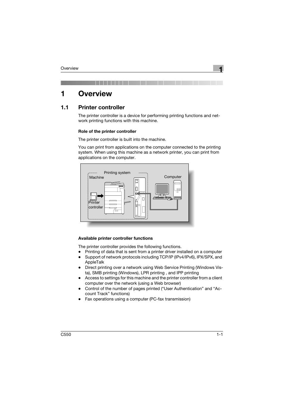 1 overview, 1 printer controller, Role of the printer controller | Available printer controller functions, Overview, Printer controller -1, 1overview | Konica Minolta bizhub C550 User Manual | Page 36 / 427