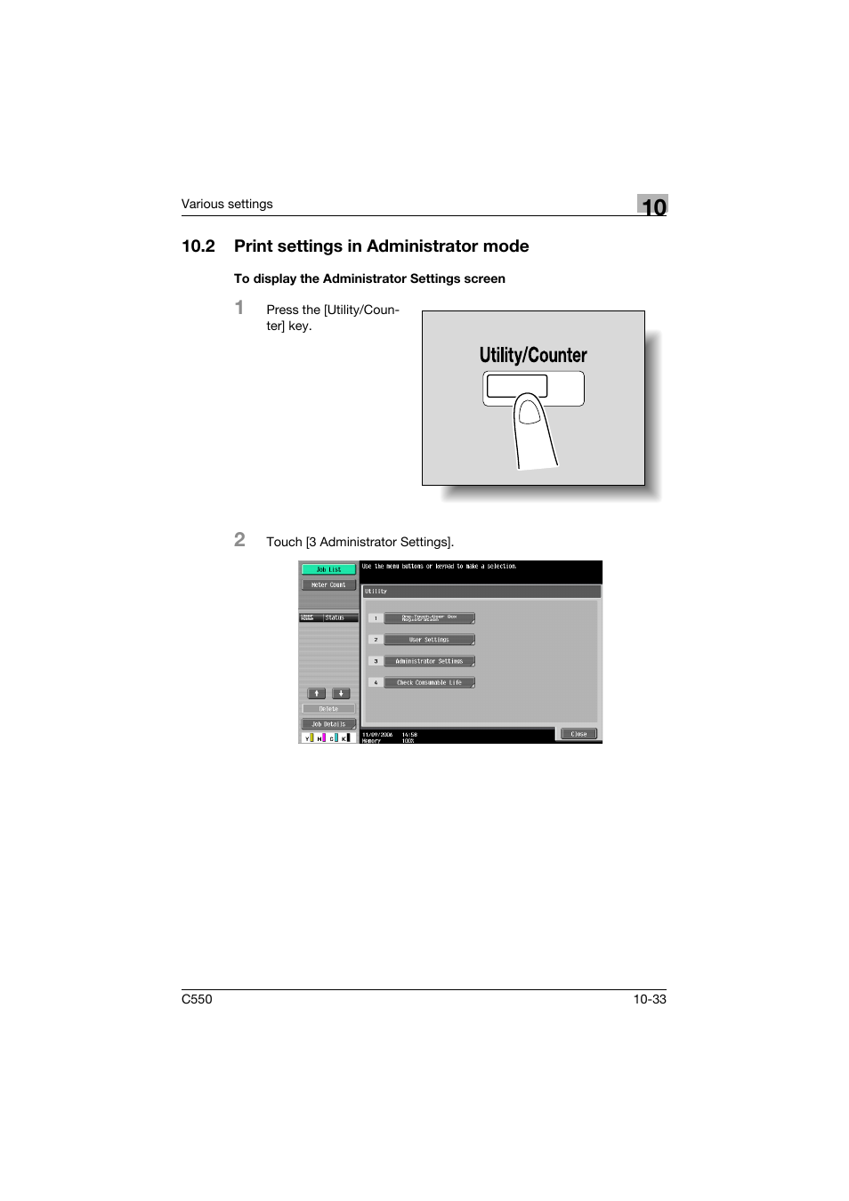 2 print settings in administrator mode, To display the administrator settings screen, Print settings in administrator mode -33 | To display the administrator settings screen -33 | Konica Minolta bizhub C550 User Manual | Page 386 / 427