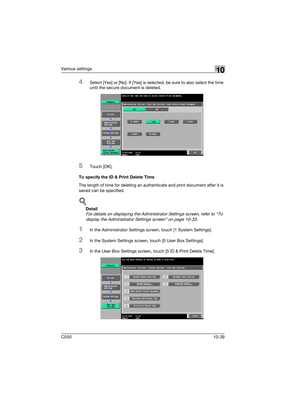To specify the id & print delete time, To specify the id & print delete time -39 | Konica Minolta bizhub C550 User Manual | Page 392 / 427