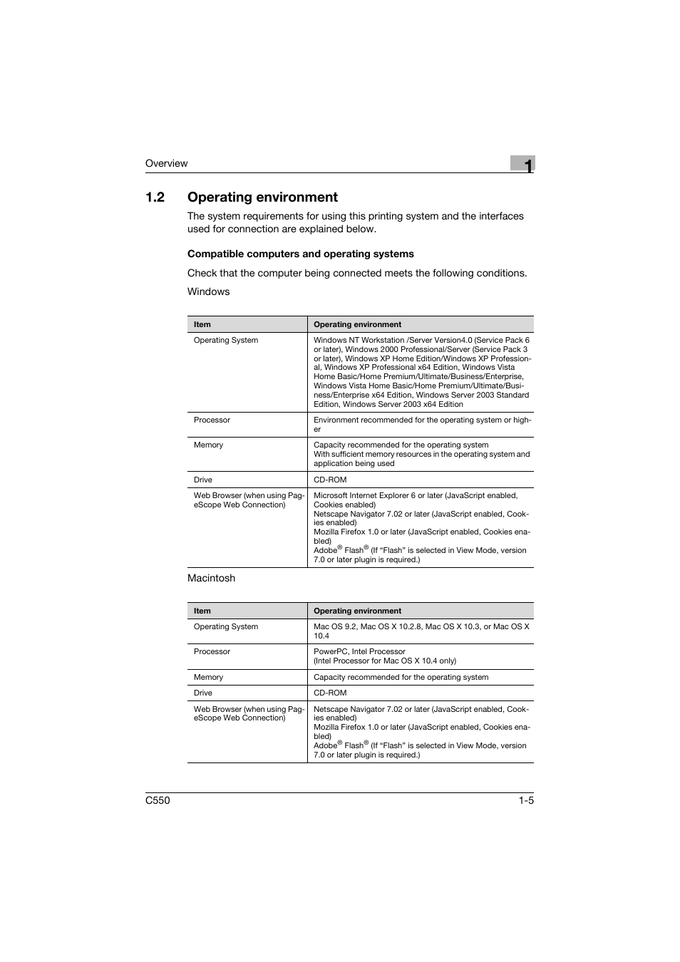 2 operating environment, Compatible computers and operating systems, Operating environment -5 | Compatible computers and operating systems -5 | Konica Minolta bizhub C550 User Manual | Page 40 / 427