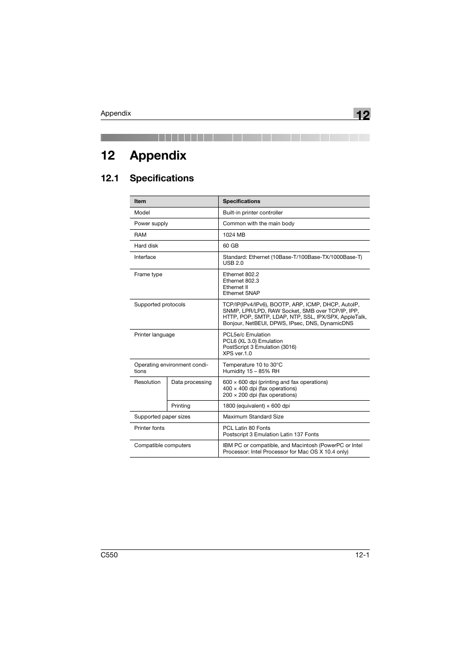 12 appendix, 1 specifications, Specifications -1 | Konica Minolta bizhub C550 User Manual | Page 409 / 427