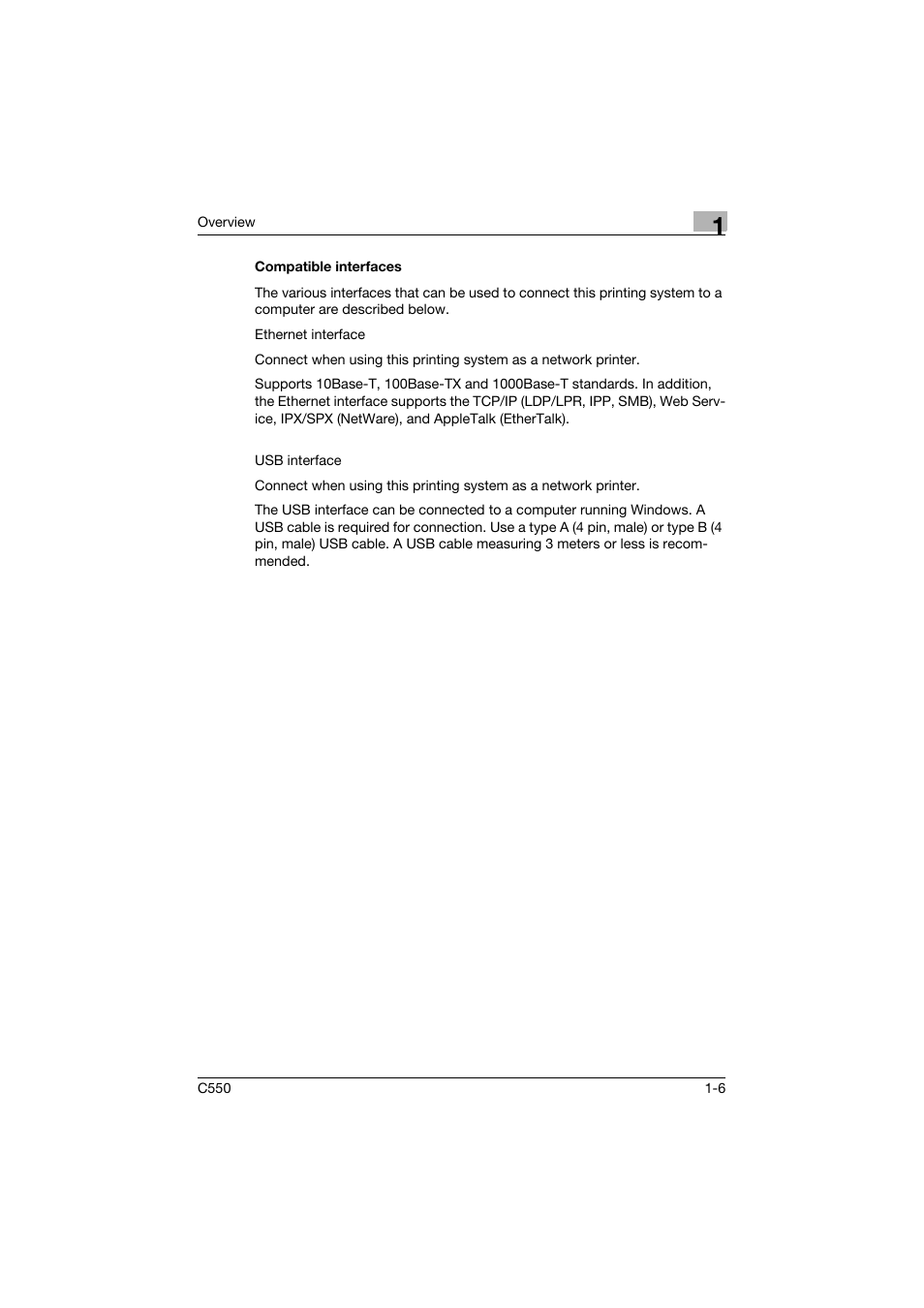 Compatible interfaces, Compatible interfaces -6 | Konica Minolta bizhub C550 User Manual | Page 41 / 427