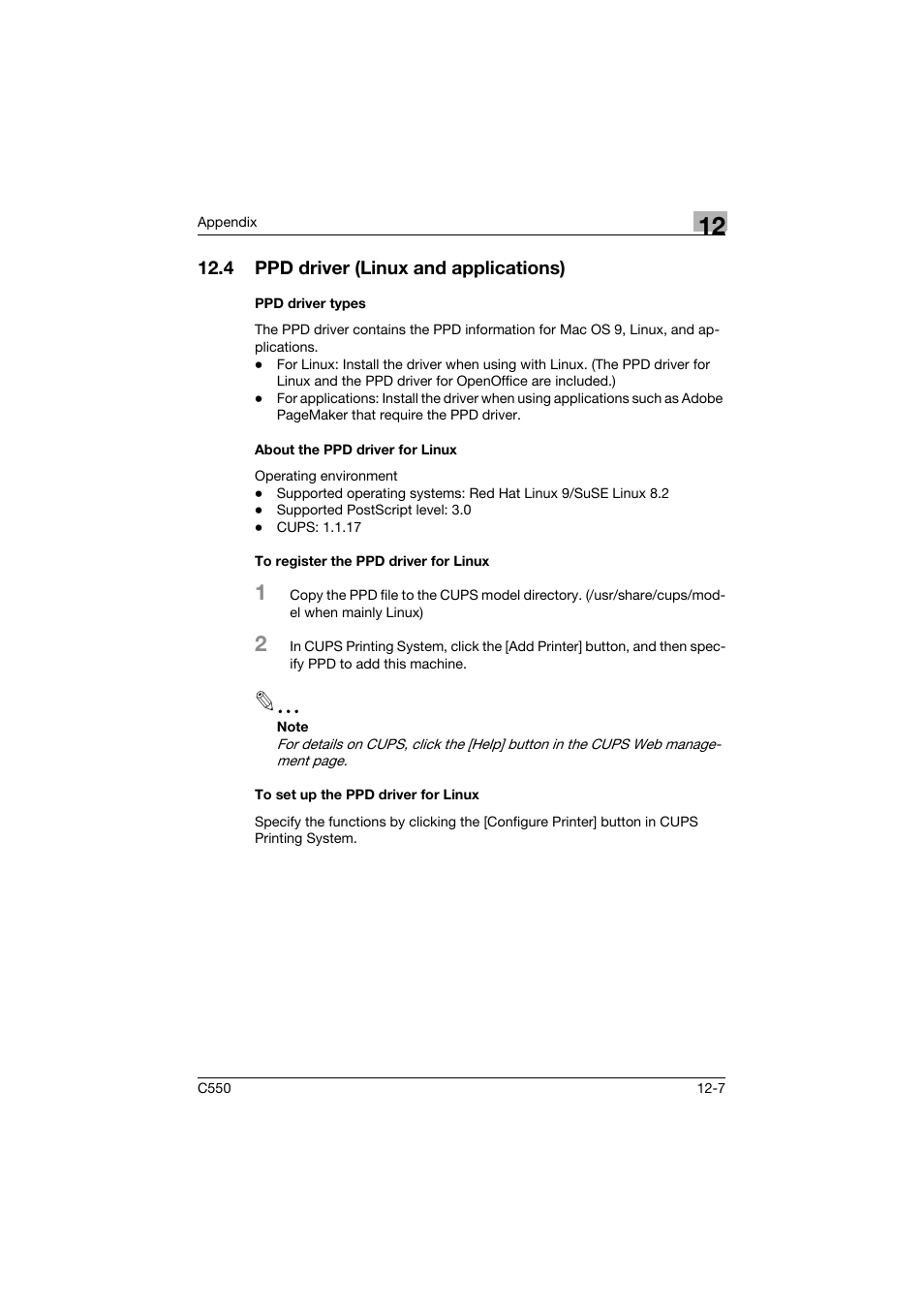 4 ppd driver (linux and applications), Ppd driver types, About the ppd driver for linux | To register the ppd driver for linux, To set up the ppd driver for linux, Ppd driver (linux and applications) -7 | Konica Minolta bizhub C550 User Manual | Page 415 / 427