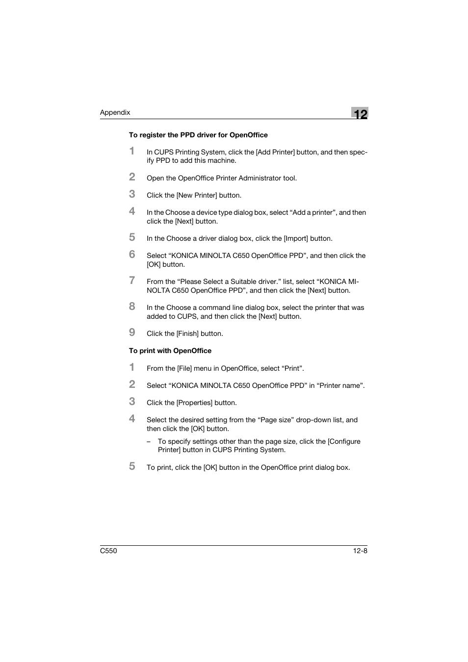 To register the ppd driver for openoffice, To print with openoffice | Konica Minolta bizhub C550 User Manual | Page 416 / 427
