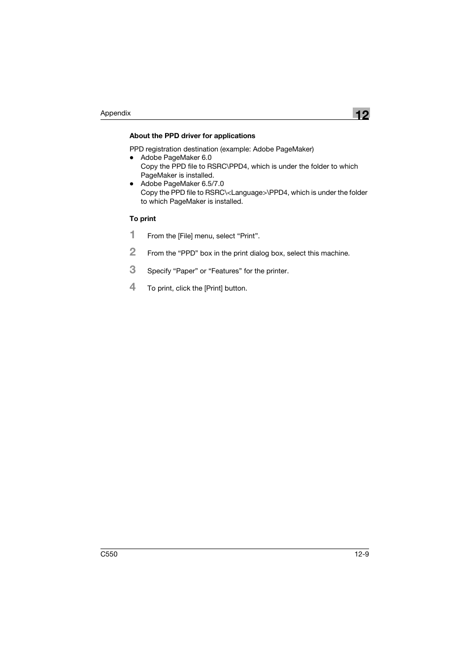 About the ppd driver for applications, To print | Konica Minolta bizhub C550 User Manual | Page 417 / 427