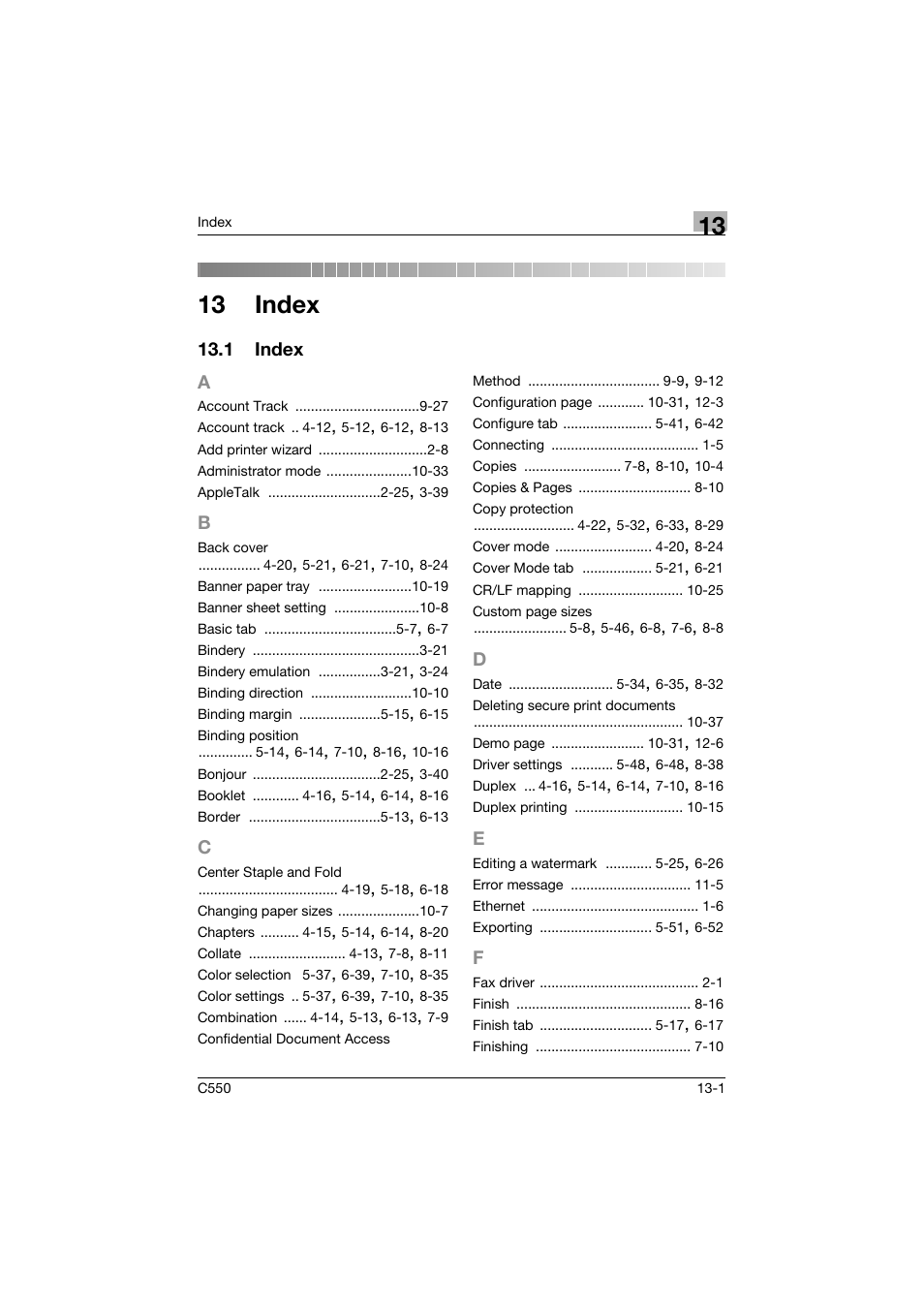 13 index, 1 index, A to f | Index -1 | Konica Minolta bizhub C550 User Manual | Page 423 / 427