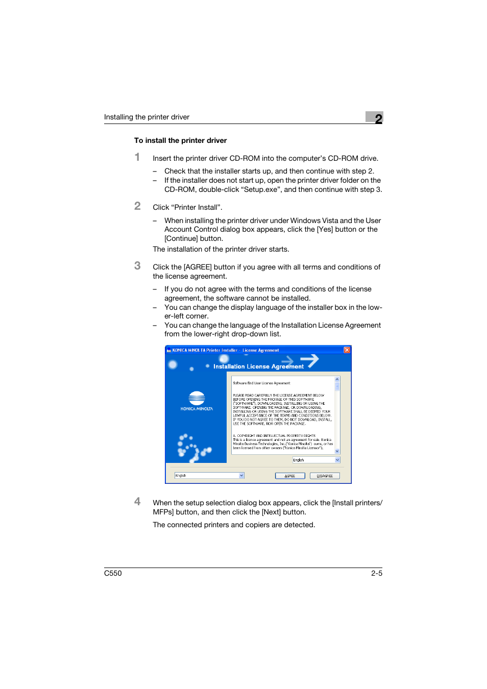 To install the printer driver, To install the printer driver -5 | Konica Minolta bizhub C550 User Manual | Page 49 / 427