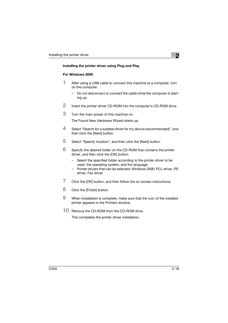 Installing the printer driver using plug and play, For windows 2000 | Konica Minolta bizhub C550 User Manual | Page 62 / 427