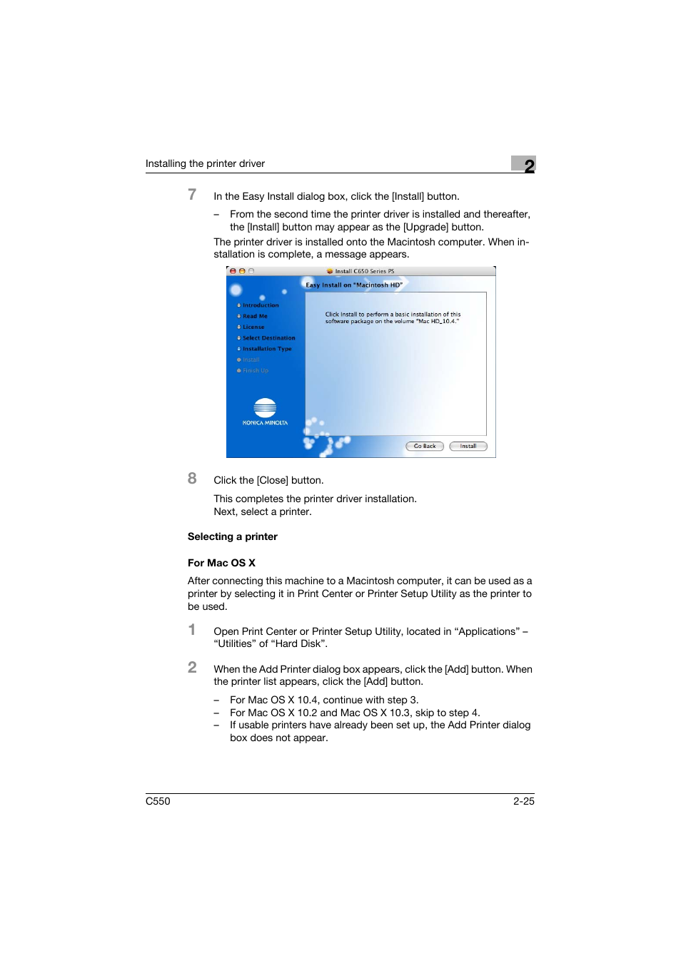 Selecting a printer, For mac os x, Selecting a printer -25 for mac os x -25 | Konica Minolta bizhub C550 User Manual | Page 69 / 427