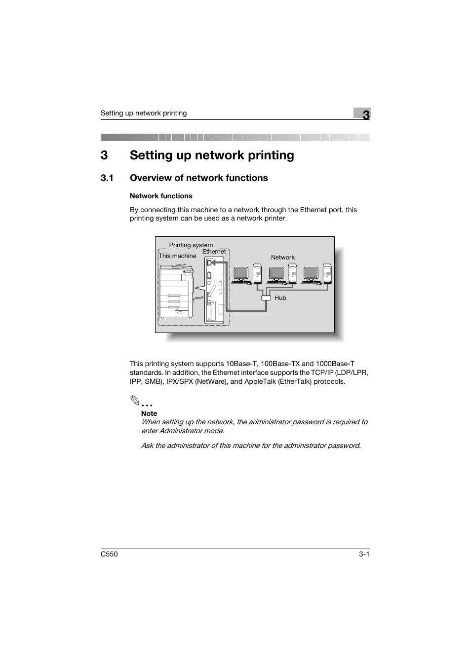 3 setting up network printing, 1 overview of network functions, Network functions | Setting up network printing, Overview of network functions -1, Network functions -1, 3setting up network printing | Konica Minolta bizhub C550 User Manual | Page 75 / 427