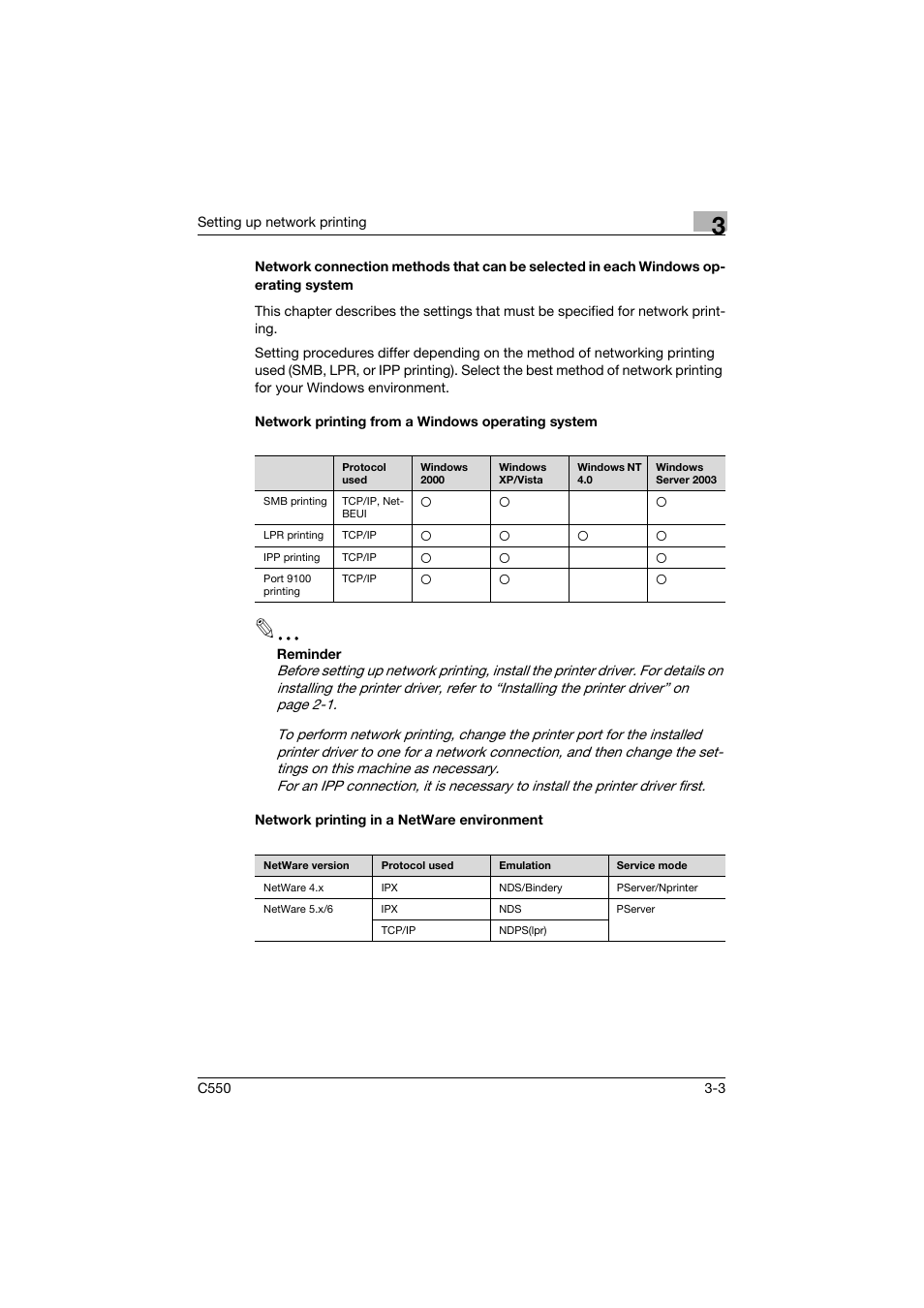 Network printing from a windows operating system, Network printing in a netware environment | Konica Minolta bizhub C550 User Manual | Page 77 / 427