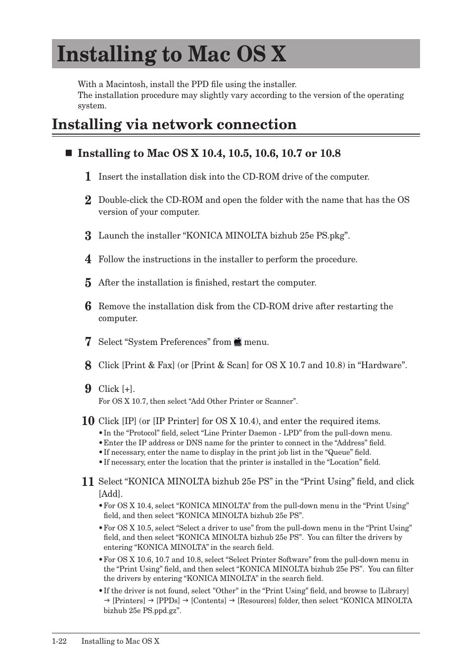 Installing to mac os x, Installing via network connection, Installing to mac os x -22 | Installing via network connection -22 | Konica Minolta bizhub 25e User Manual | Page 29 / 120