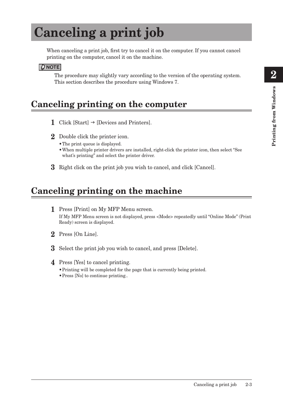 Canceling a print job, Canceling printing on the computer, Canceling printing on the machine | Canceling a print job -3 | Konica Minolta bizhub 25e User Manual | Page 36 / 120