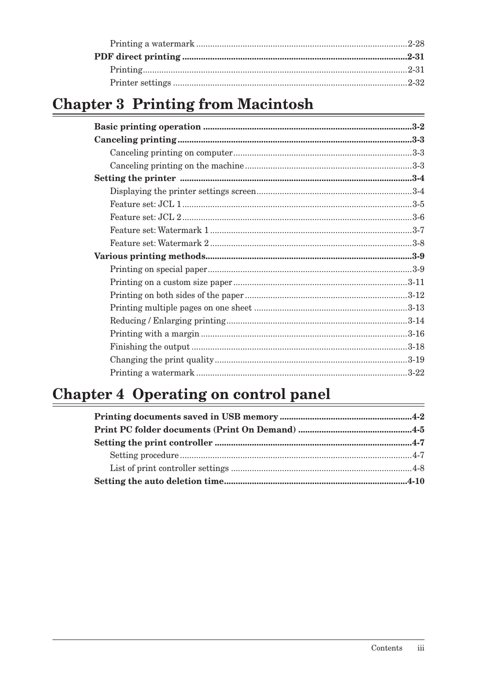 Chapter 3 printing from macintosh, Chapter 4 operating on control panel | Konica Minolta bizhub 25e User Manual | Page 4 / 120