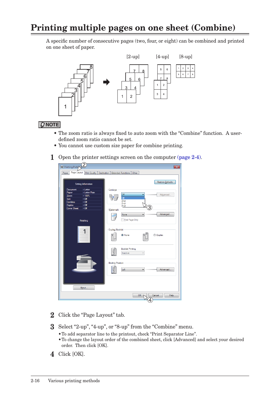 Printing multiple pages on one sheet (combine) | Konica Minolta bizhub 25e User Manual | Page 49 / 120