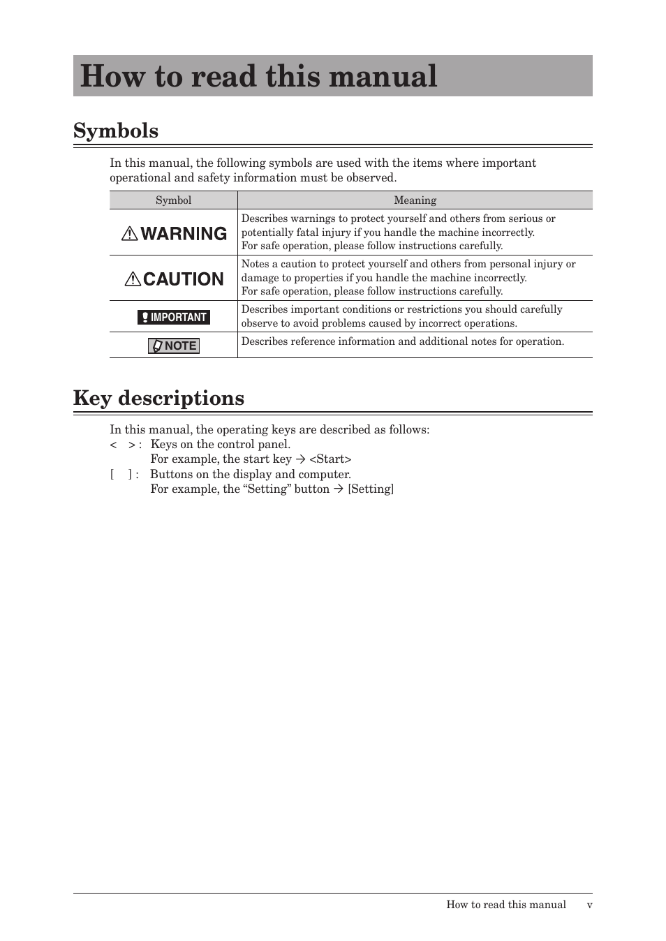 How to read this manual, Symbols, Key descriptions | Konica Minolta bizhub 25e User Manual | Page 6 / 120