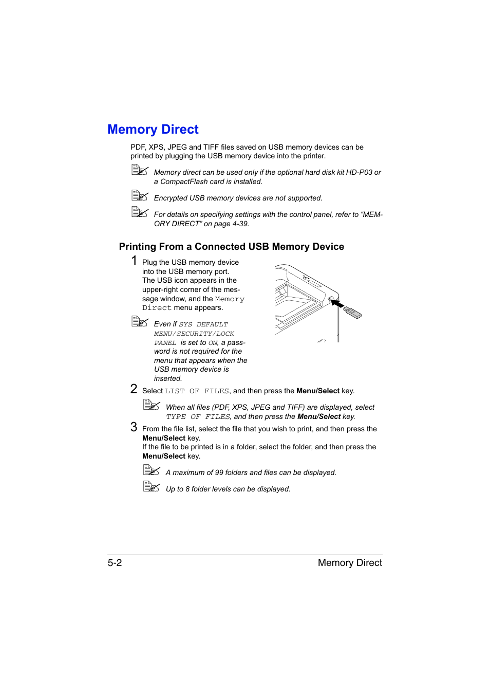 Memory direct, Printing from a connected usb memory device, Memory direct -2 | Printing from a connected usb memory device -2 | Konica Minolta bizhub C35P User Manual | Page 117 / 280