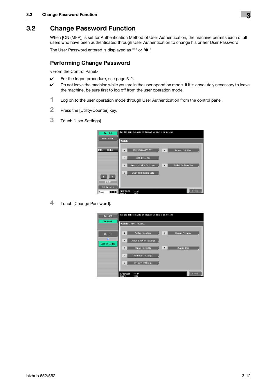 2 change password function, Performing change password | Konica Minolta bizhub Secure User Manual | Page 122 / 185