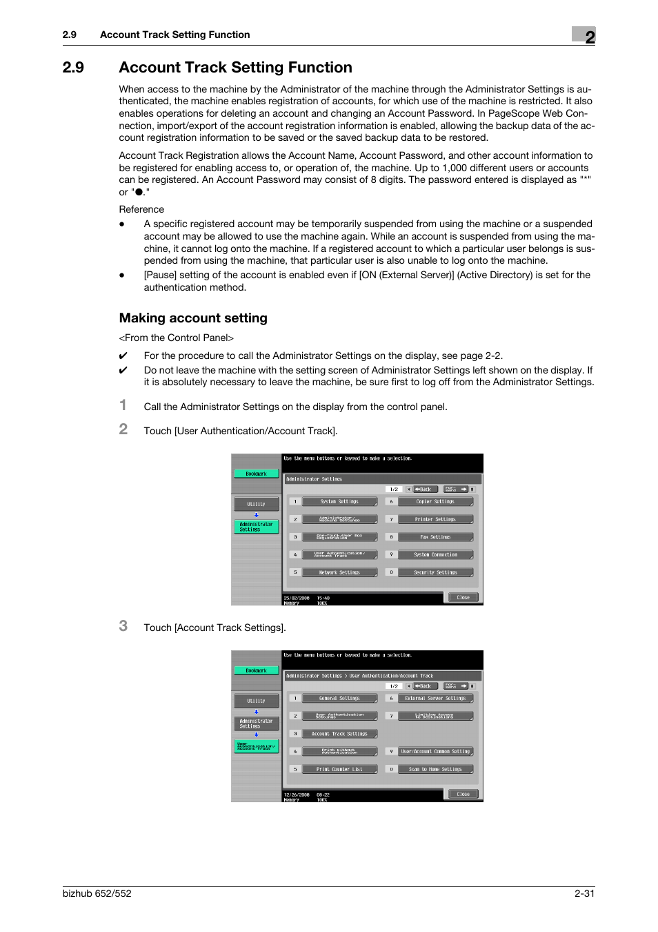 9 account track setting function, Making account setting | Konica Minolta bizhub Secure User Manual | Page 46 / 185