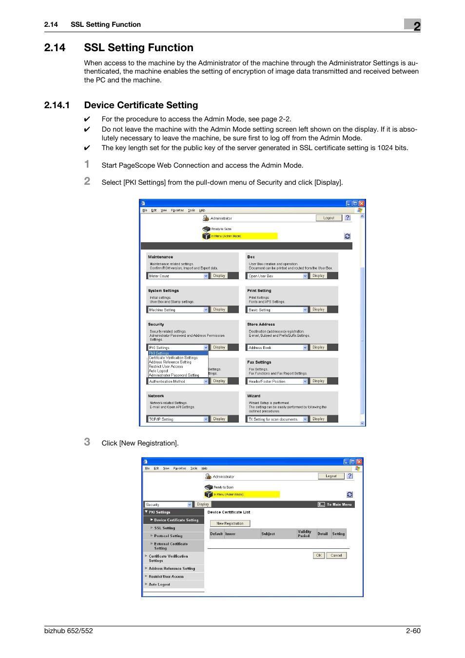 14 ssl setting function, 1 device certificate setting, Ssl setting function -60 | Device certificate setting -60 | Konica Minolta bizhub Secure User Manual | Page 75 / 185