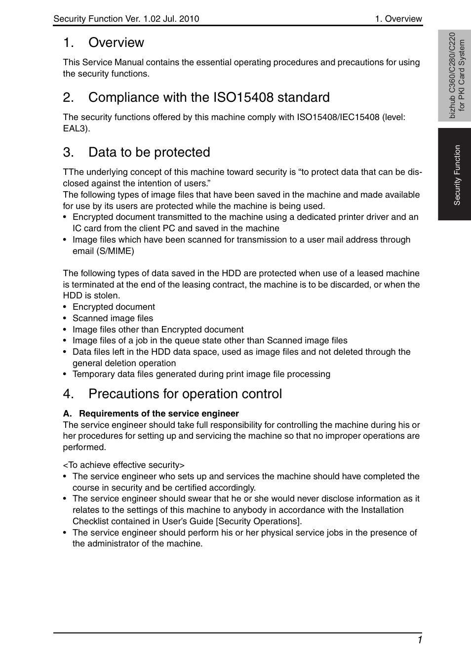 Overview, Compliance with the iso15408 standard, Data to be protected | Precautions for operation control | Konica Minolta BIZHUB C360 User Manual | Page 5 / 41