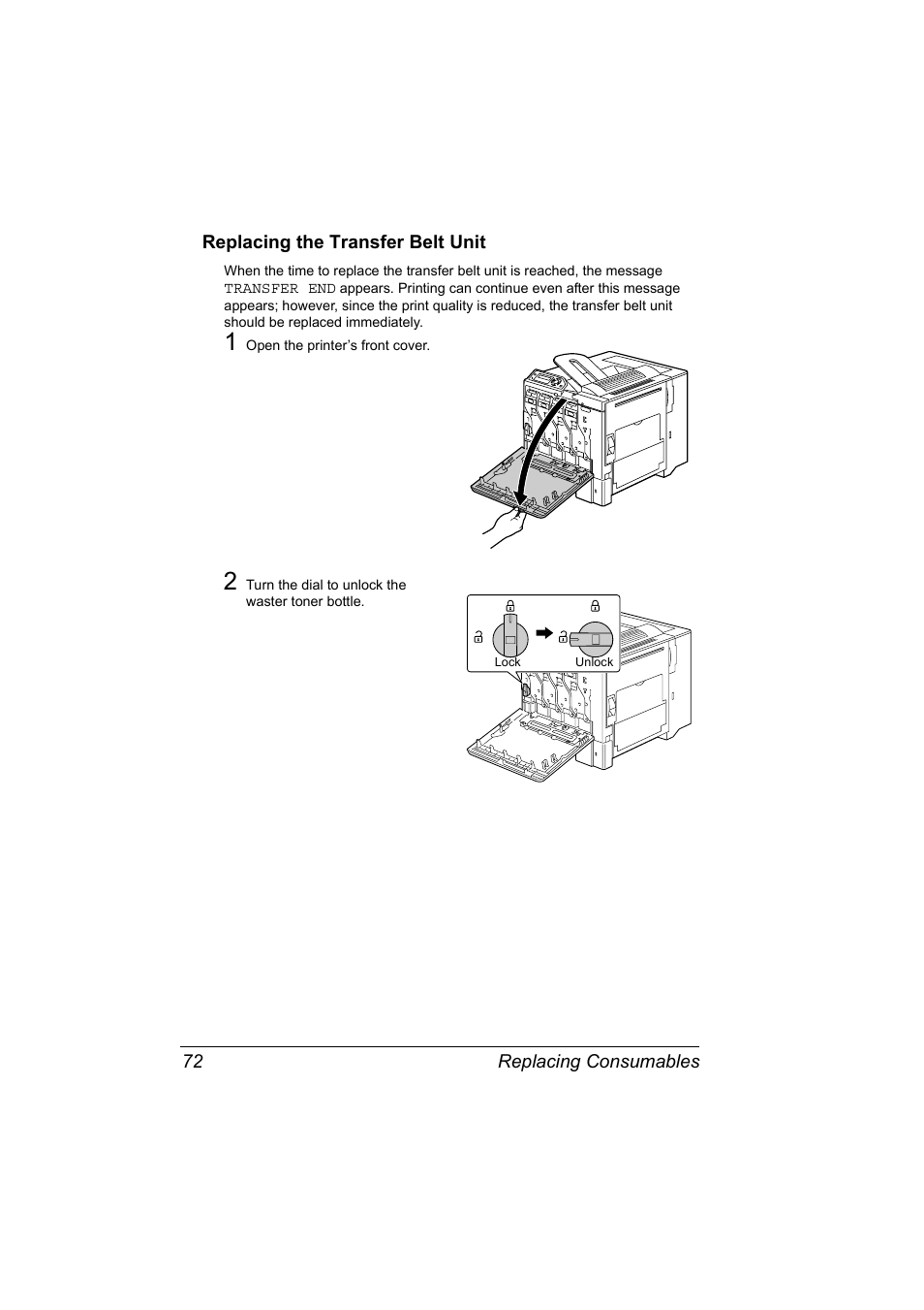 Replacing the transfer belt unit, Replacing the transfer belt unit 72 | Konica Minolta Magicolor 5430 User Manual | Page 80 / 152