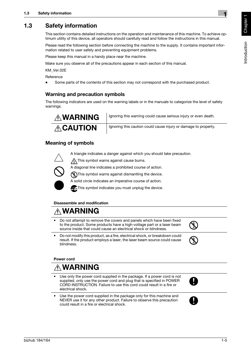 3 safety information, Warning and precaution symbols, Meaning of symbols | Warning, Caution | Konica Minolta bizhub 184 User Manual | Page 10 / 124