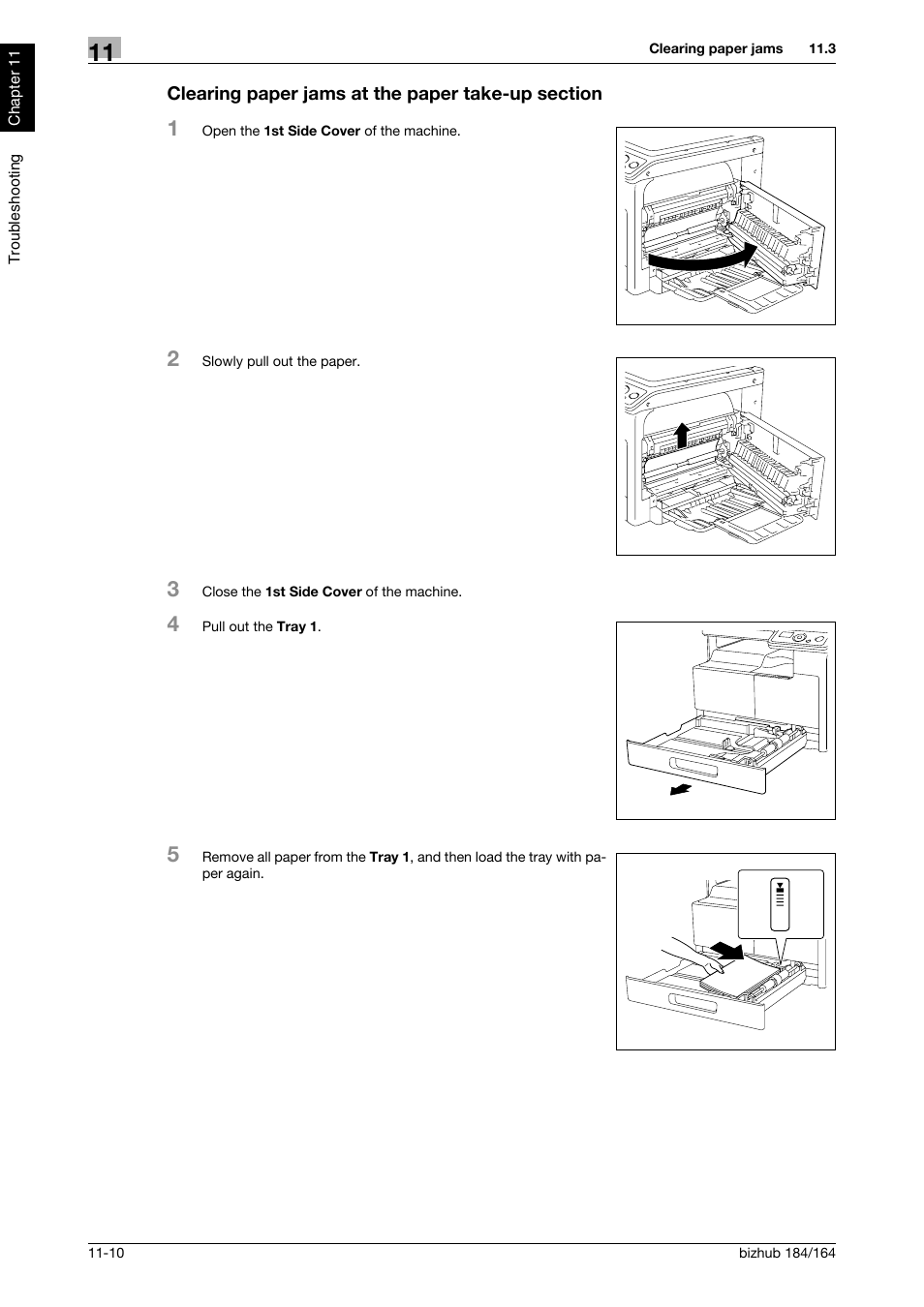 Clearing paper jams at the paper take-up section | Konica Minolta bizhub 184 User Manual | Page 107 / 124