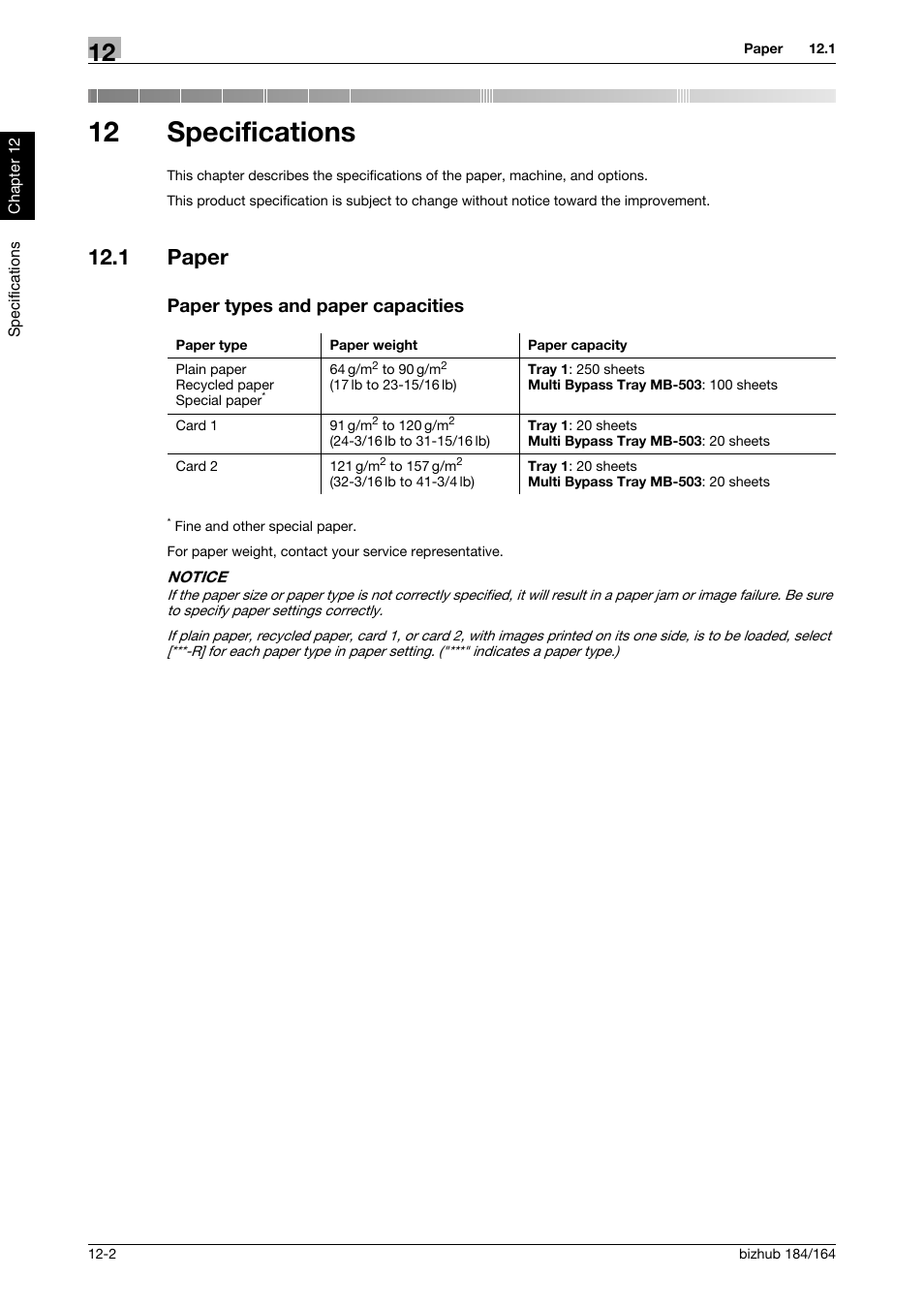 12 specifications, 1 paper, Paper types and paper capacities | Specifications, Paper -2 paper types and paper capacities -2 | Konica Minolta bizhub 184 User Manual | Page 111 / 124