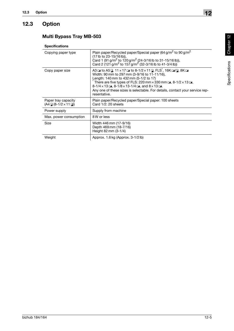 3 option, Multi bypass tray mb-503, Option -5 multi bypass tray mb-503 -5 | Konica Minolta bizhub 184 User Manual | Page 114 / 124