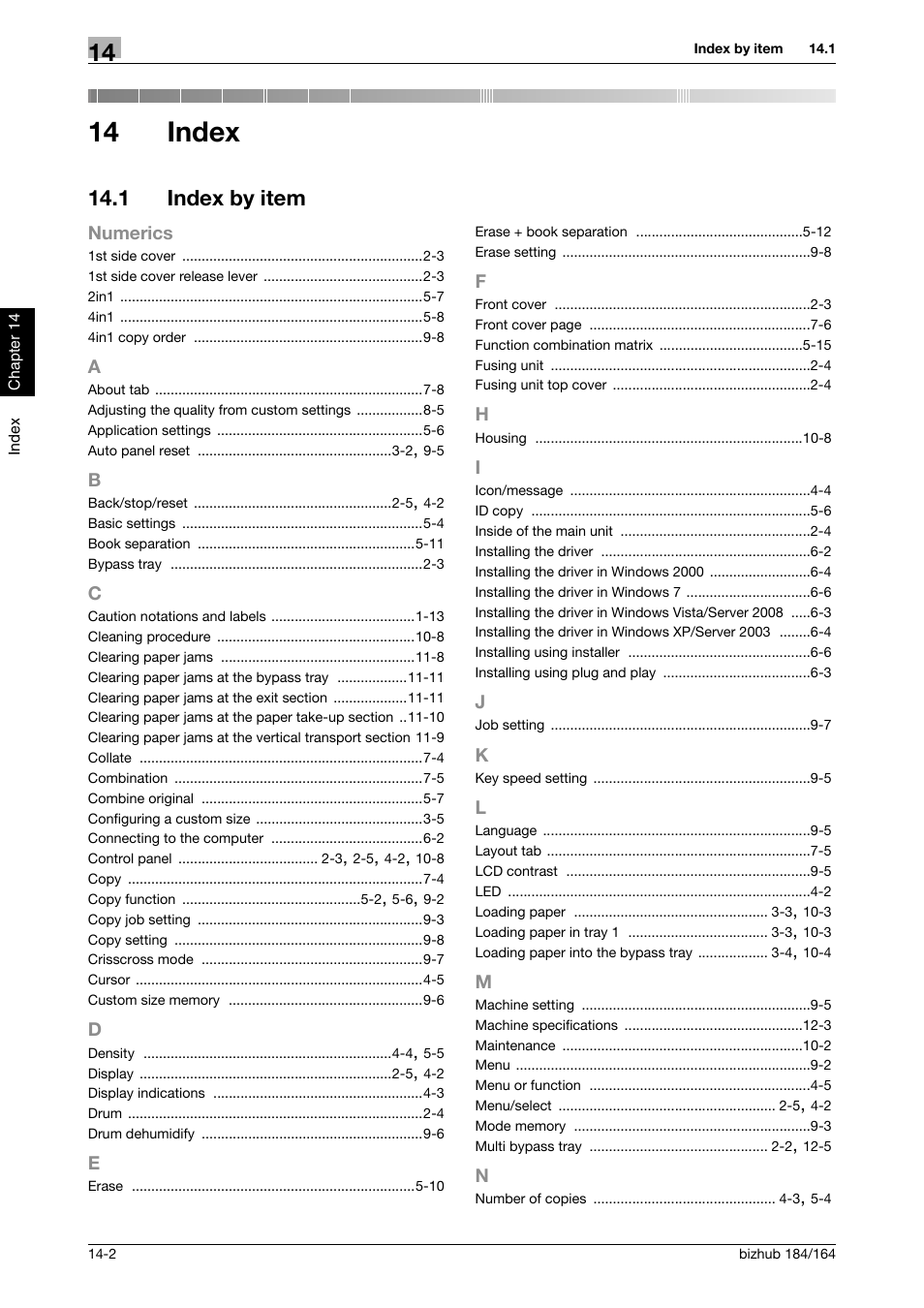 14 index, 1 index by item, Index | Index by item -2 | Konica Minolta bizhub 184 User Manual | Page 121 / 124