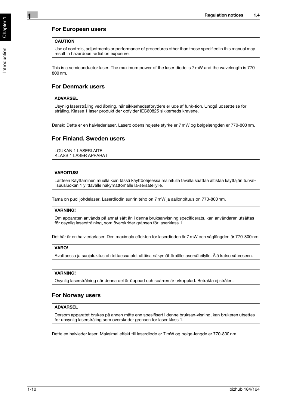For european users, For denmark users, For finland, sweden users | For norway users | Konica Minolta bizhub 184 User Manual | Page 15 / 124