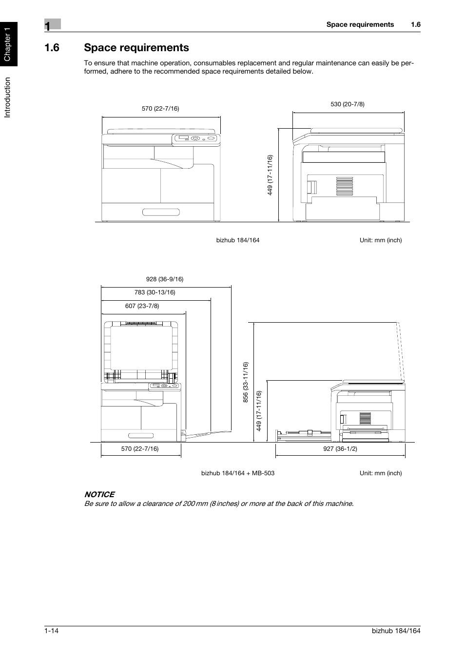 6 space requirements, Space requirements -14 | Konica Minolta bizhub 184 User Manual | Page 19 / 124