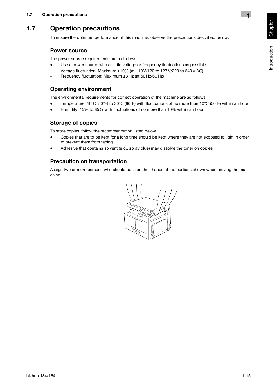7 operation precautions, Power source, Operating environment | Storage of copies, Precaution on transportation | Konica Minolta bizhub 184 User Manual | Page 20 / 124