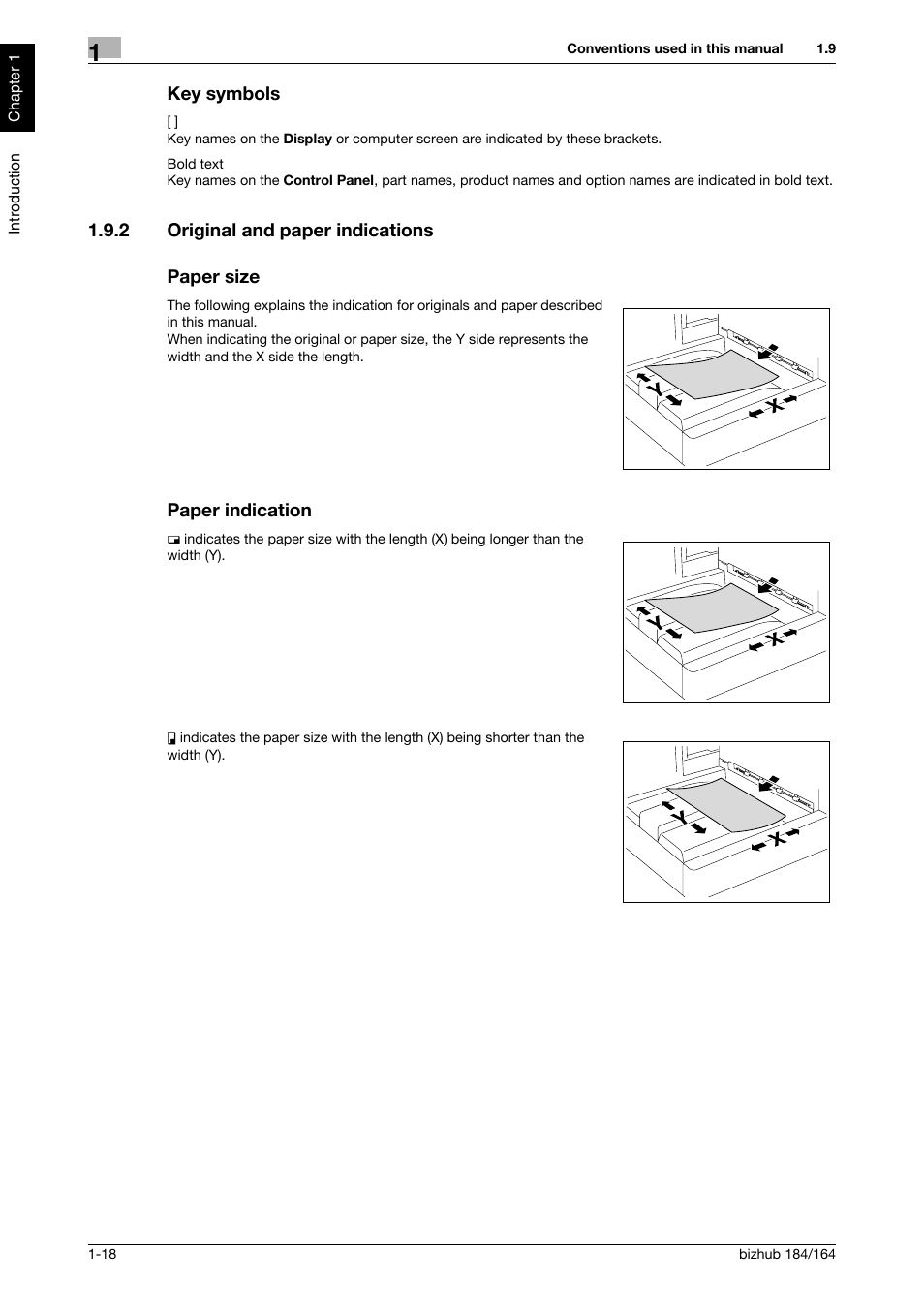 Key symbols, 2 original and paper indications, Paper size | Paper indication, Key symbols -18 | Konica Minolta bizhub 184 User Manual | Page 23 / 124