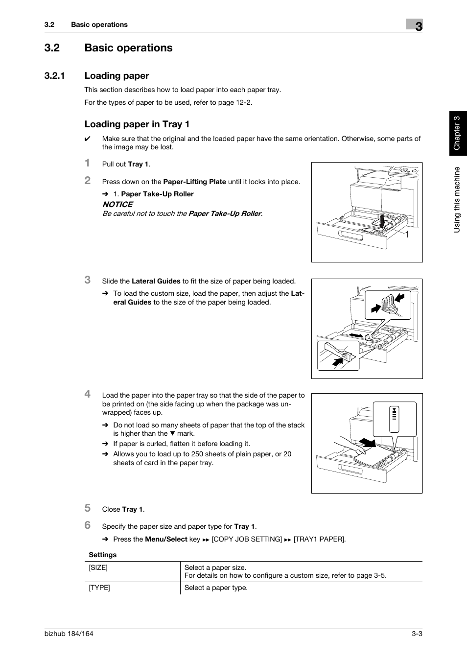2 basic operations, 1 loading paper, Loading paper in tray 1 | Basic operations -3, Loading paper -3 loading paper in tray 1 -3 | Konica Minolta bizhub 184 User Manual | Page 32 / 124