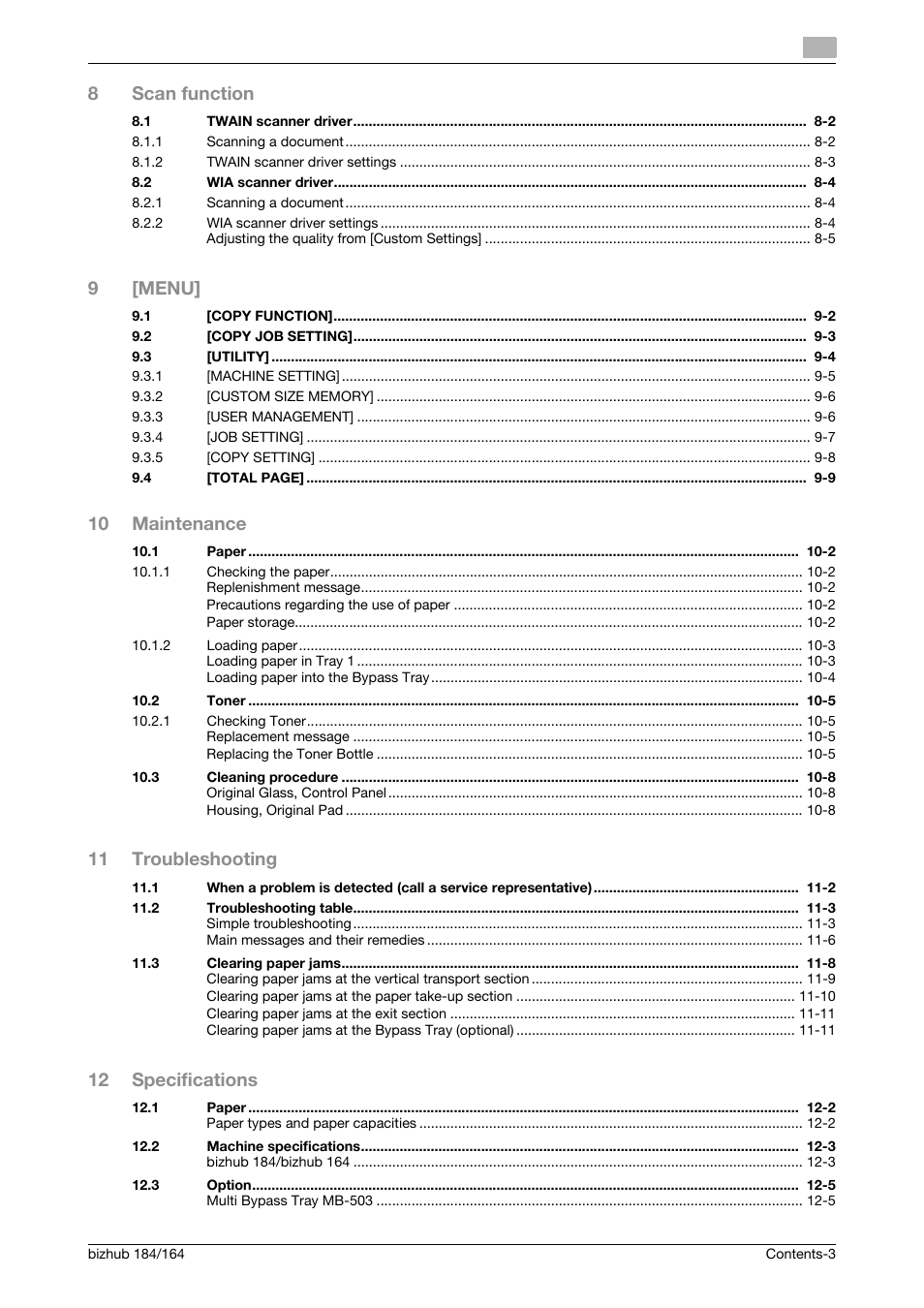 8scan function, 9[menu, 10 maintenance | 11 troubleshooting, 12 specifications | Konica Minolta bizhub 184 User Manual | Page 4 / 124
