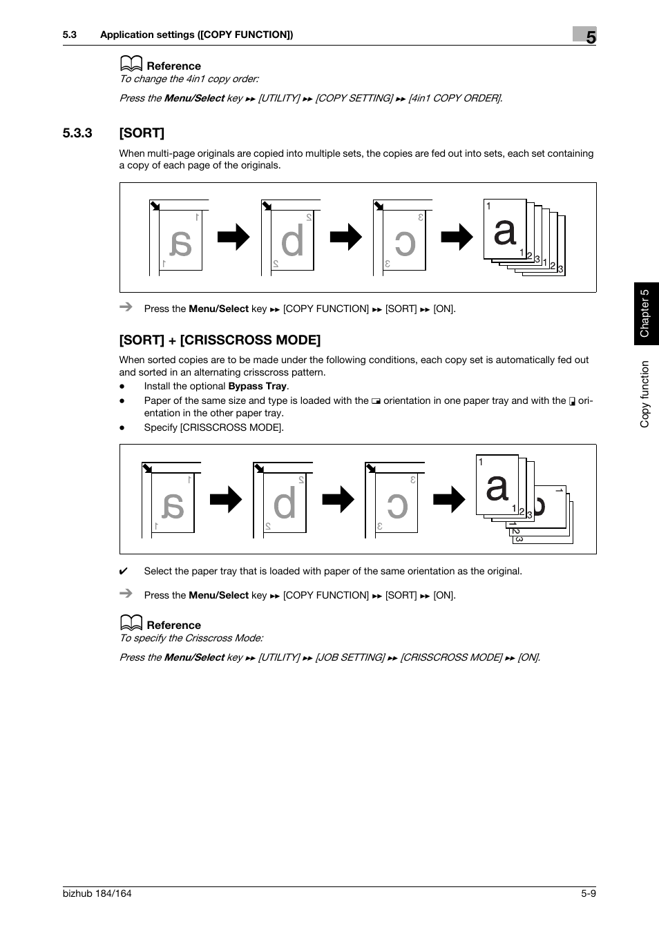 3 [sort, Sort] + [crisscross mode, Sort] -9 [sort] + [crisscross mode] -9 | P. 5-9 | Konica Minolta bizhub 184 User Manual | Page 50 / 124