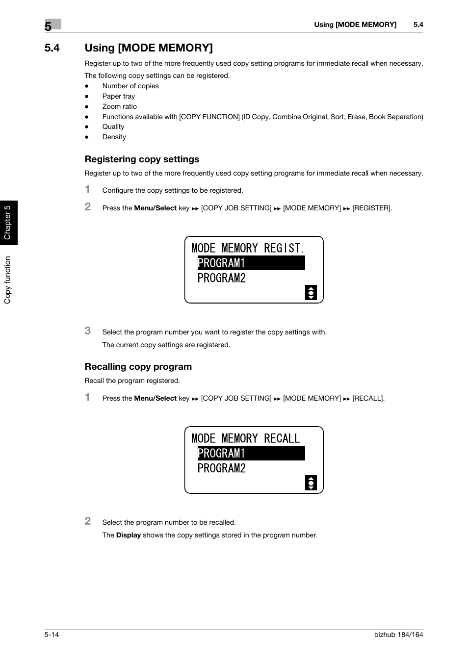 4 using [mode memory, Registering copy settings, Recalling copy program | Konica Minolta bizhub 184 User Manual | Page 55 / 124