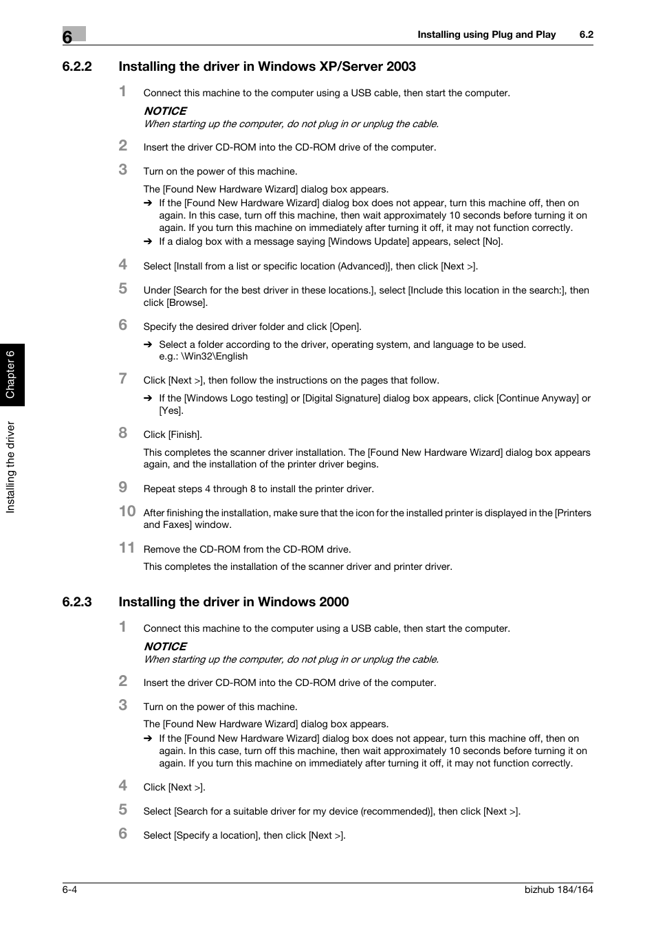 2 installing the driver in windows xp/server 2003, 3 installing the driver in windows 2000, Installing the driver in windows xp/server 2003 -4 | Installing the driver in windows 2000 -4 | Konica Minolta bizhub 184 User Manual | Page 61 / 124