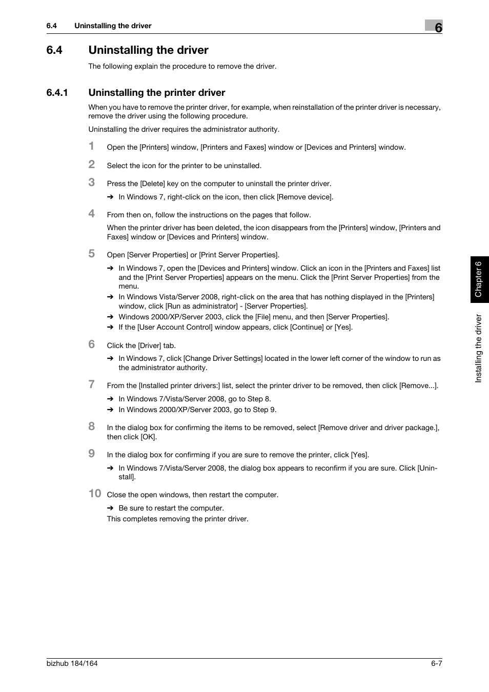 4 uninstalling the driver, 1 uninstalling the printer driver, Uninstalling the driver -7 | Uninstalling the printer driver -7 | Konica Minolta bizhub 184 User Manual | Page 64 / 124