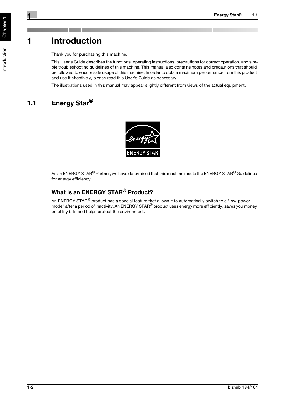 1 introduction, 1 energy star, What is an energy star® product | Introduction, 1introduction | Konica Minolta bizhub 184 User Manual | Page 7 / 124