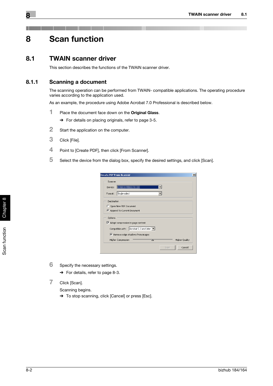 8 scan function, 1 twain scanner driver, 1 scanning a document | Scan function, Twain scanner driver -2, Scanning a document -2, 8scan function | Konica Minolta bizhub 184 User Manual | Page 75 / 124