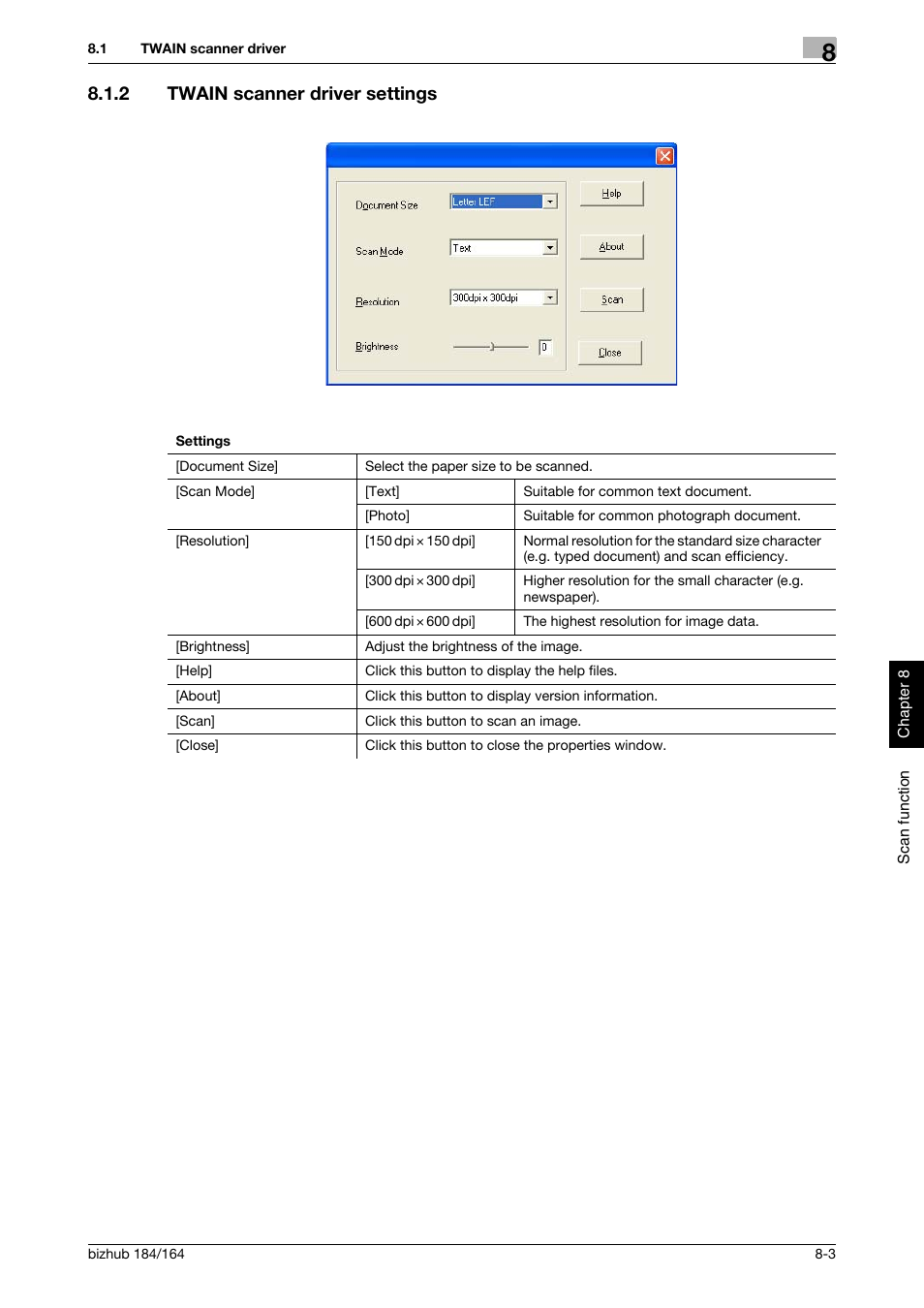 2 twain scanner driver settings, Twain scanner driver settings -3 | Konica Minolta bizhub 184 User Manual | Page 76 / 124