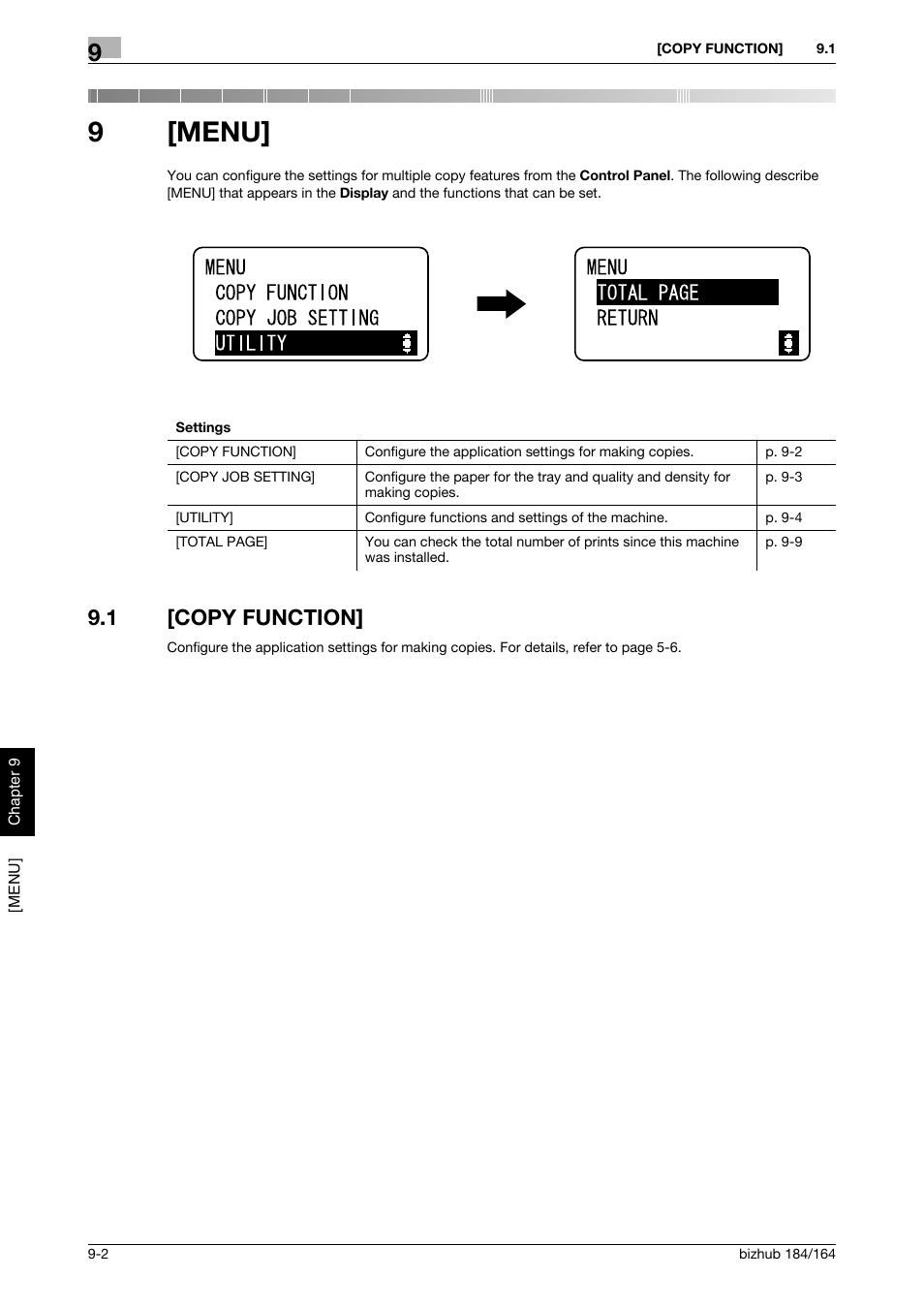 9 [menu, 1 [copy function, Menu | Copy function] -2, 9[menu | Konica Minolta bizhub 184 User Manual | Page 81 / 124